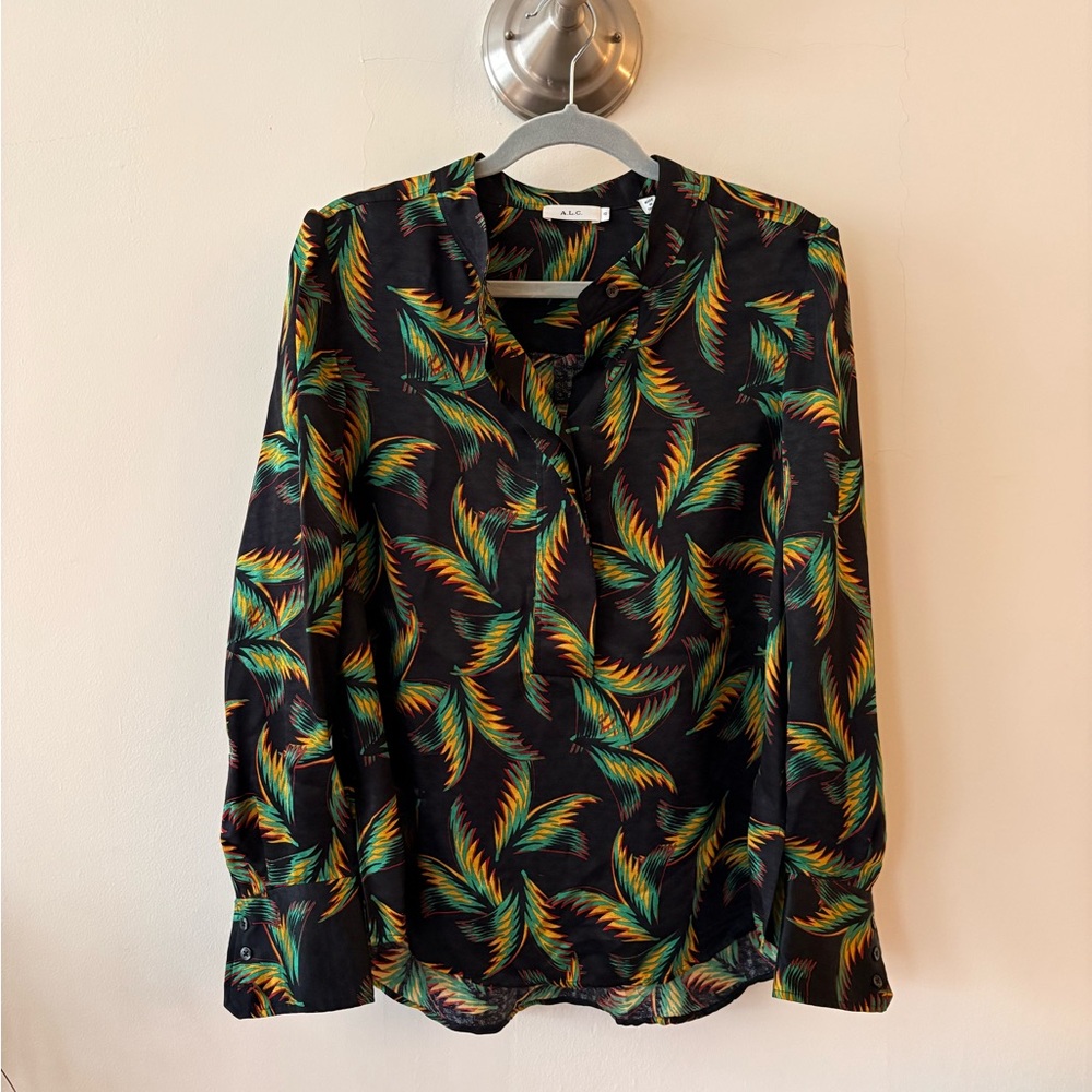 A.L.C. Black and Green Tropical Print Blouse Size 10